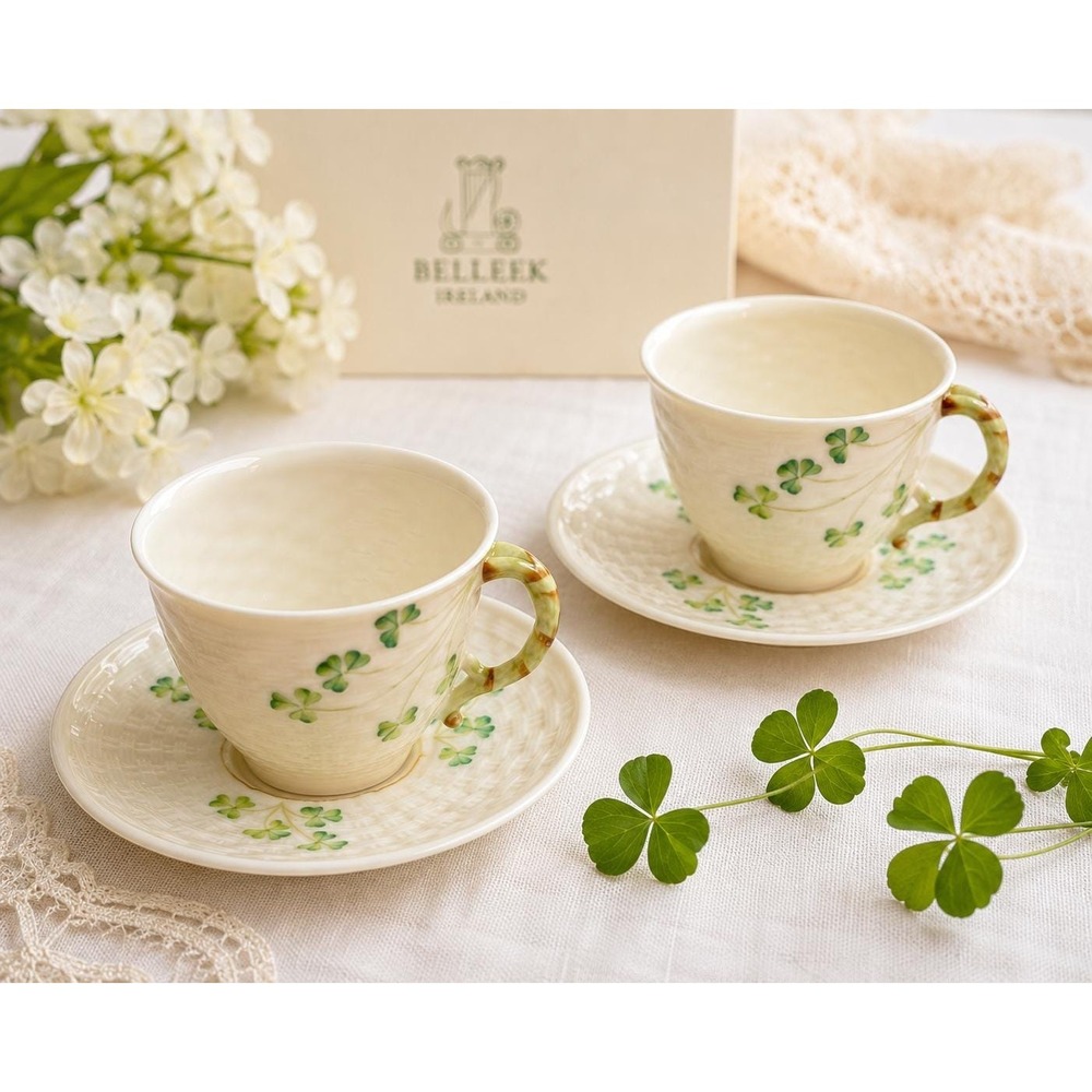 VTG Belleek Ireland Shamrock Tea Cup & Saucer Set of 2 Irish Porcelain Demitasse